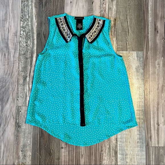 Metaphor Polka Dot Blouse Small Metallic Embellished Beaded Collar Turquoise - Picture 1 of 5